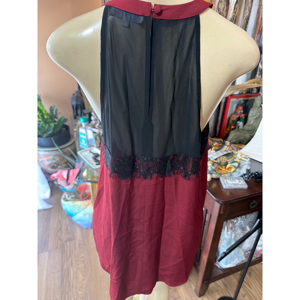 1.STATE Womens Halter Neck Blouse Burgundy Red Black Eyelash Lace Mesh Top Large - Picture 5 of 6